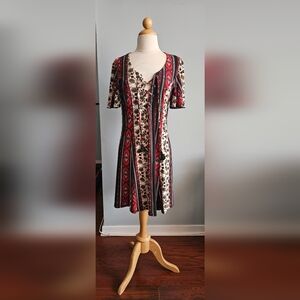Show Me Your MuMu Red, Cream & Black Striped Floral Midi Dress with Tassel Ties